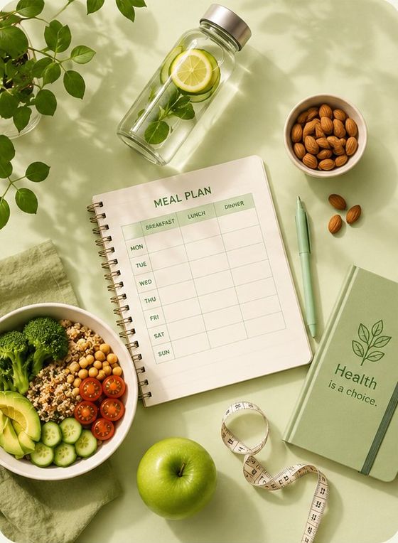 Weekly diet plan notebook aur healthy Indian food — Sehat Path meal planning